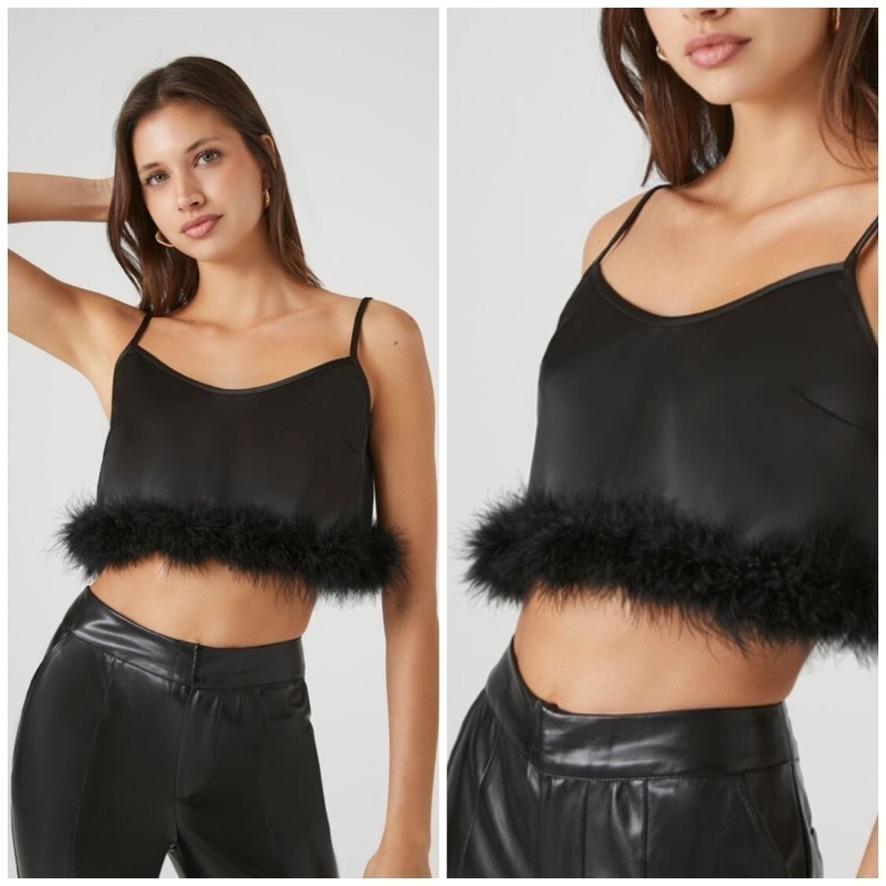 Forever 21 Black Feather Trim Cropped Satin V-Neck Cami Top Blouse Size XL NWT